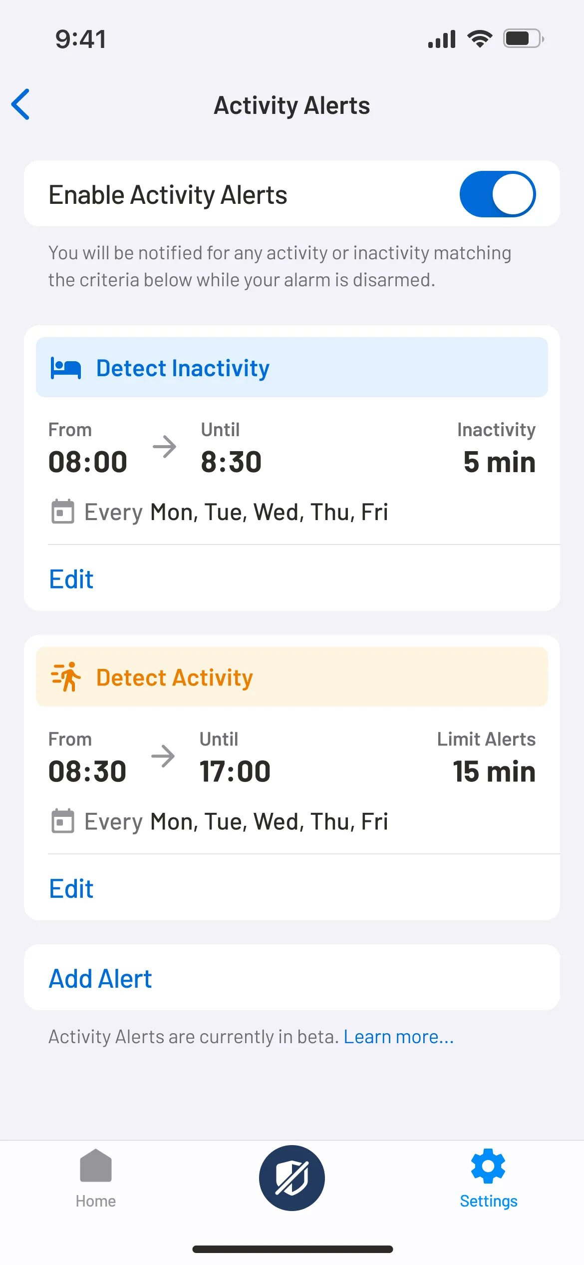 Mobile screen with 'Activity Alerts' for a security app, showing enabled alerts for detecting inactivity and activity with set schedules.