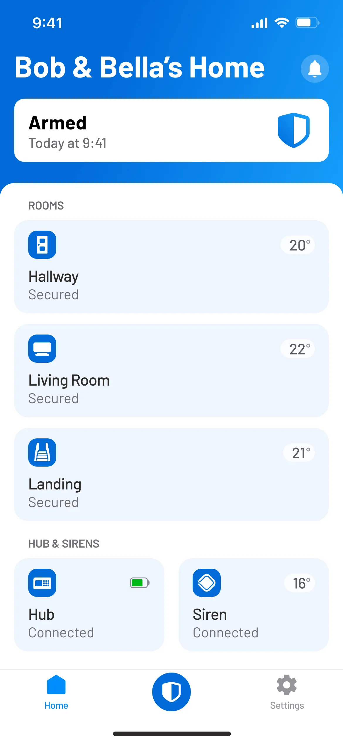 Smartphone screen of 'Bob & Bella's Home' alarm app armed at 9:41, with secure room statuses and connected hub and siren.