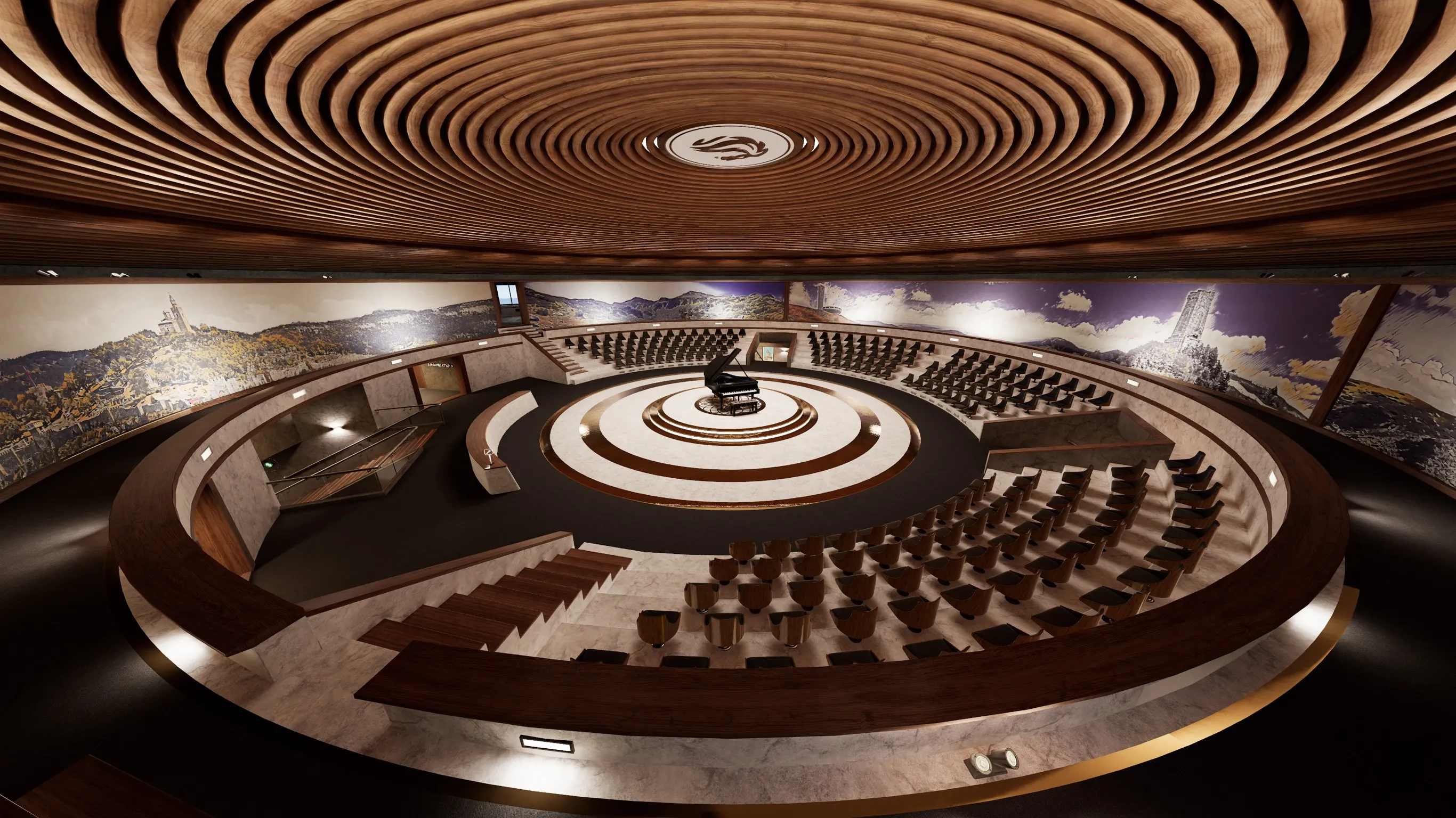 The image features the interior view of the Buzludzha auditorium. The ceiling has a concentric circular pattern with a wood finish that draws the eye toward the centre. Below, the seating is arranged in a semi-circular fashion around a central, elevated platform that has a black grand piano as the focal point. The seats are wooden with black padding. The auditorium has a panoramic backdrop of a large mural depicting a mountainous landscape and a monumental building on the peak, possibly indicating the setting's cultural or historical significance. The floor has a circular design that complements the ceiling, creating a harmonious and sophisticated aesthetic. The space appears modern, with spotlights embedded in the floor, and exudes an air of elegance and acoustic consideration.