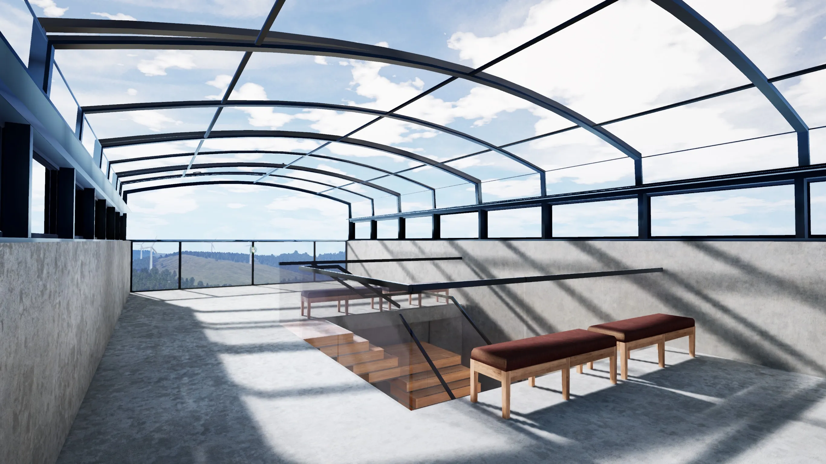 A space with an open view at the top of the 75 meter tall Buzludzha tower. The environment features an arched, transparent ceiling with metal frames, allowing ample natural light to flood the interior. Two simple benches with brown wooden seats and black metal legs are placed against a plain wall to the right. The floor is made of polished concrete, casting soft shadows from the overhead structure. To the left, a set of wooden stairs with a black handrail leads down to another level. Through the transparent ceiling and wall panels, a picturesque landscape is visible, showing rolling hills and wind turbines in the distance under a partly cloudy sky. The design is minimalistic, with a spacious and airy feel.