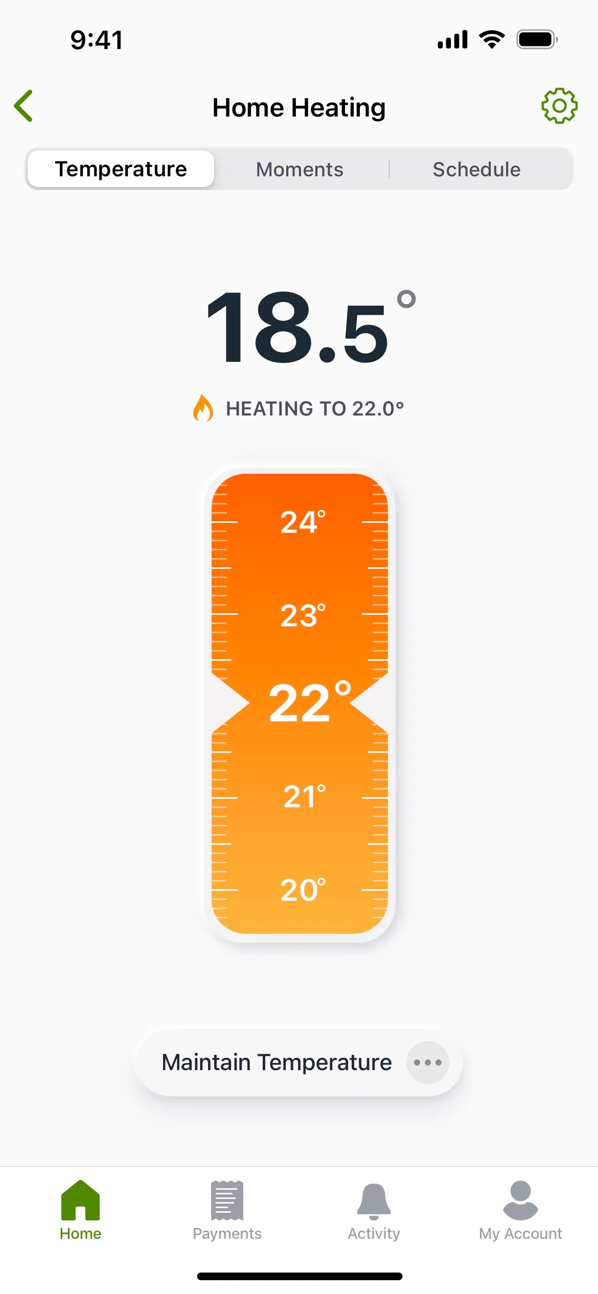 Image displaying a smartphone interface for a home heating control app. The screen shows the current temperature as 18.5 degrees Celsius with an indicator that the heating is set to increase to 22.0 degrees. A vertical slider with temperatures from 20 to 24 degrees allows for adjustment of the target temperature. Below the slider is a 'Maintain Temperature' button. The top of the app has tabs for 'Temperature,' 'Moments,' and 'Schedule,' and the bottom features navigation buttons for 'Home,' 'Payments,' 'Activity,' and 'My Account.' The interface has a clean design with a white background and the temperature slider in shades of orange.