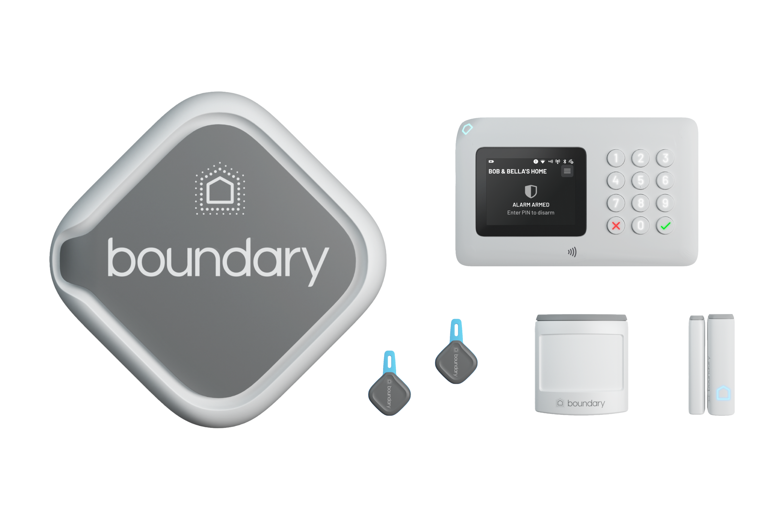 Boundary Smart Alarm System Hardware: Outdoor Siren, Central Hub, Keyfobs, Motion Sensor, Contact Sensor