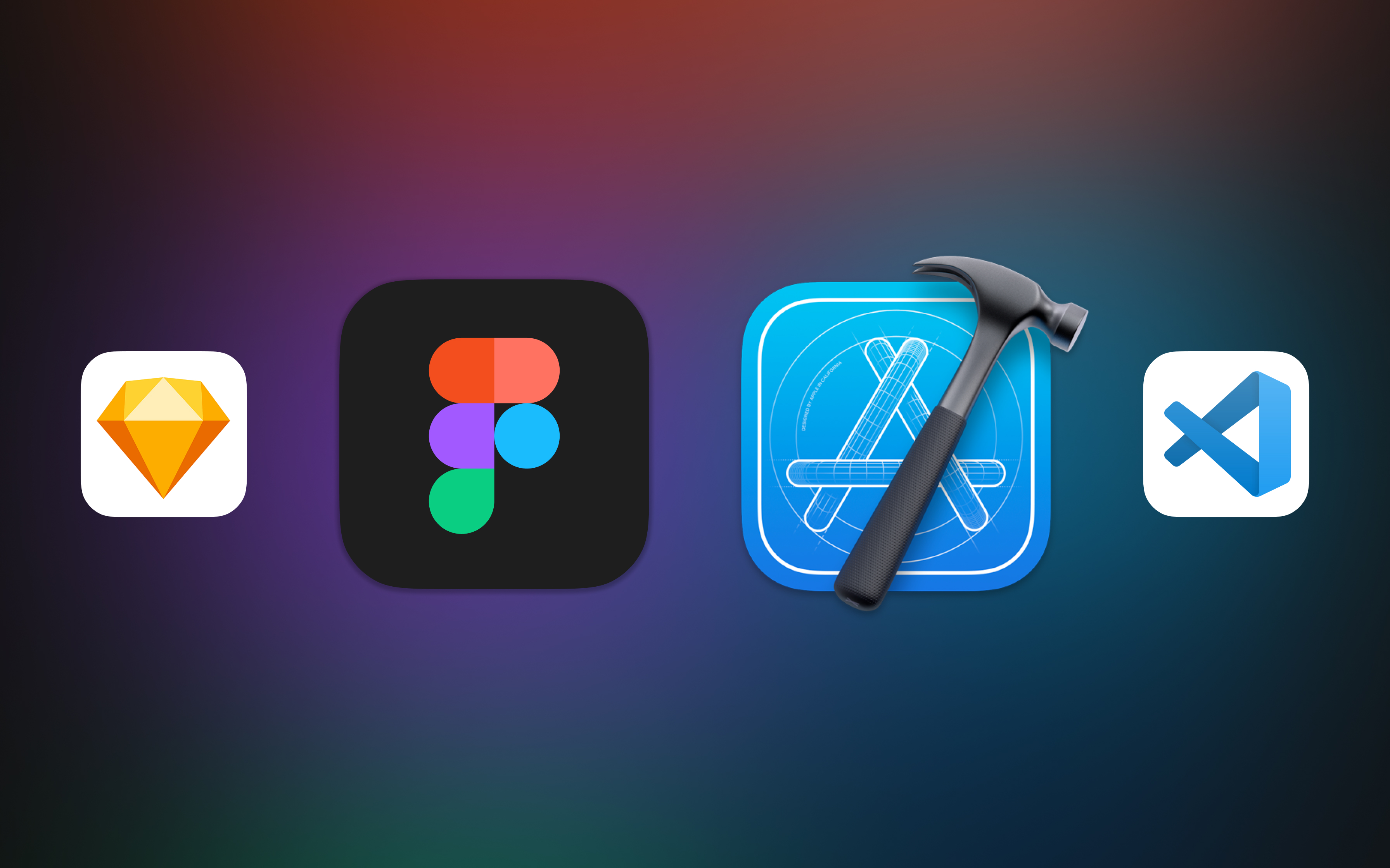 An imade featuring the app icons of popular design and developer tools: Sketch app, Figma, Apple xCode, Microsoft Visual Studio Code