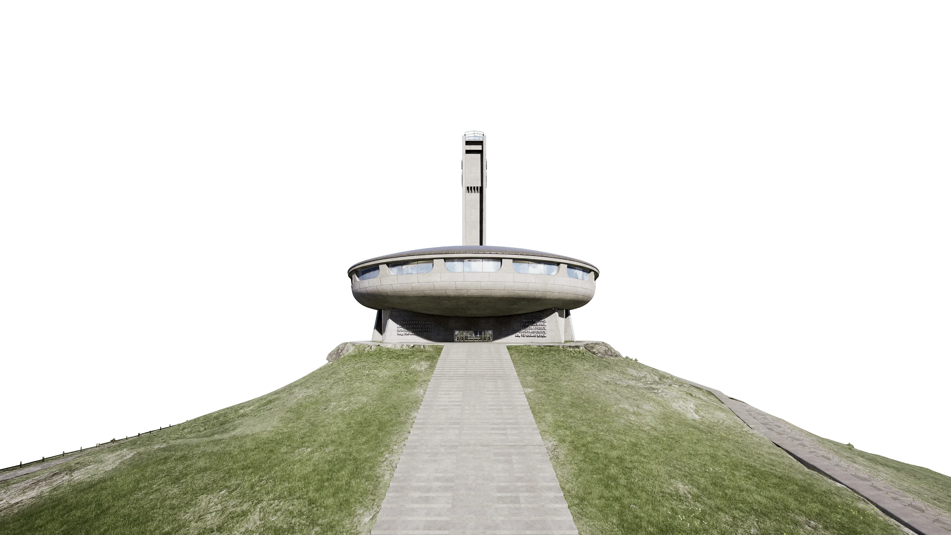A CG image of the Buzludzha Monument in Bulgaria, on a dark background, with the monument's distinctive saucer-shaped building and tall tower sitting atop a grassy hill with a pathway leading up to it.