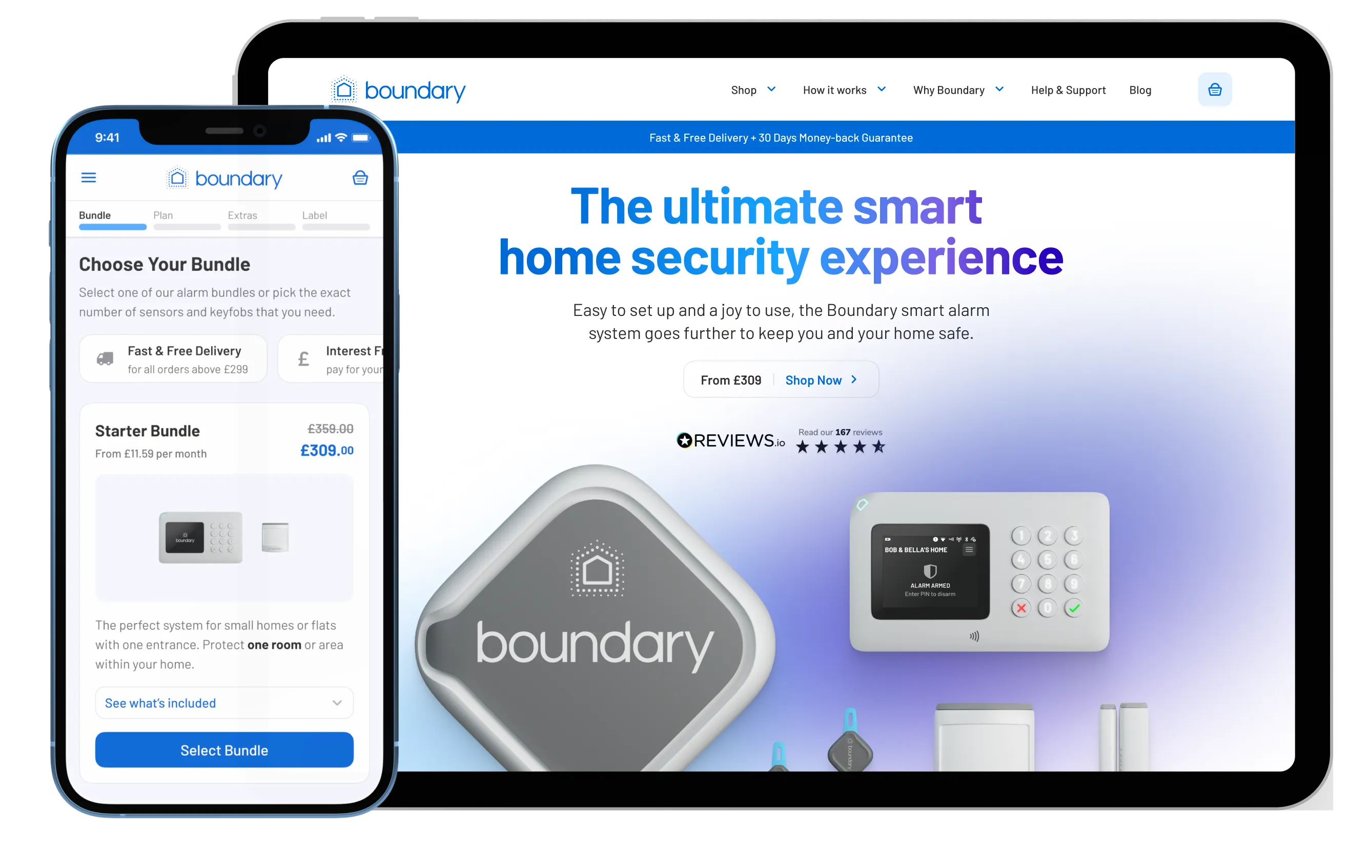 An iPhone and an iPad overlapping mockups showcasing the Boundayr web product configurator.
