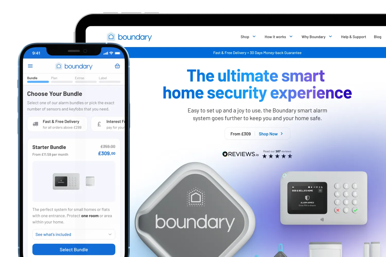 An iPhone and an iPad overlapping mockups showcasing the Boundary web product configurator.